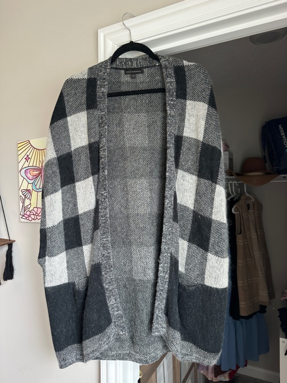 Banana Republic Black & White Plaid Open Front Cardigan